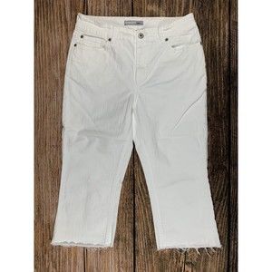 Chicos Platinum Women's Size 1,5 White Denim Pants Stretch Mid-Rise Crop Raw Hem